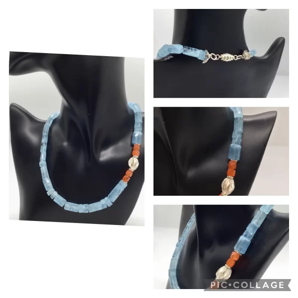 Necklace, Aquamarine, Carnelian, and Sterling Silver