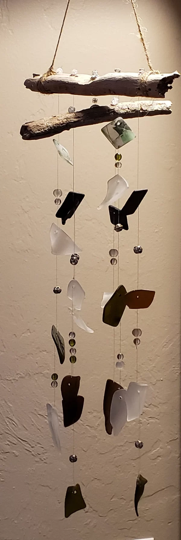 Driftwood windchime, Upcycled sea glass, Czech glass beads, tumbled stained glass