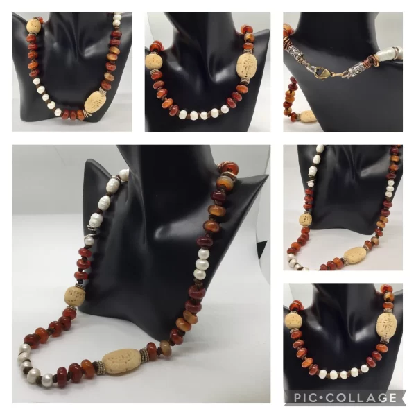 Necklace, Baroque Fresh Water Pearls, Carnelian beads, Carved Bone Beads.