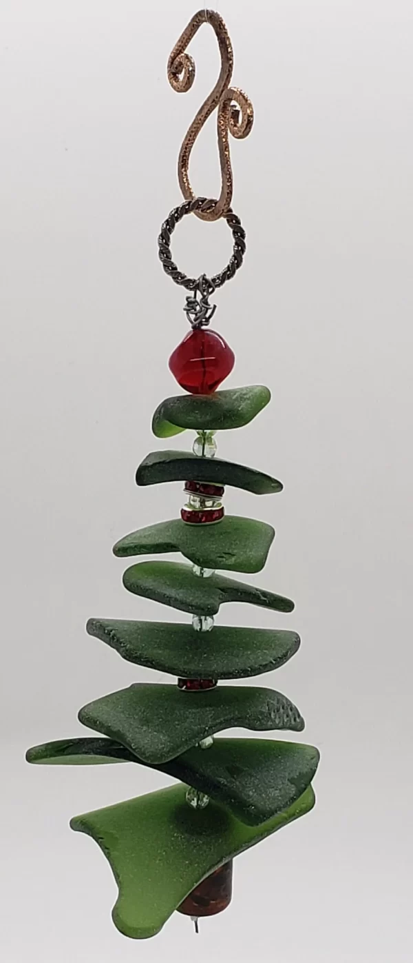 Sea glass Christmas tree ornament, upcycled sea glass, Czech glass beads, Christmas