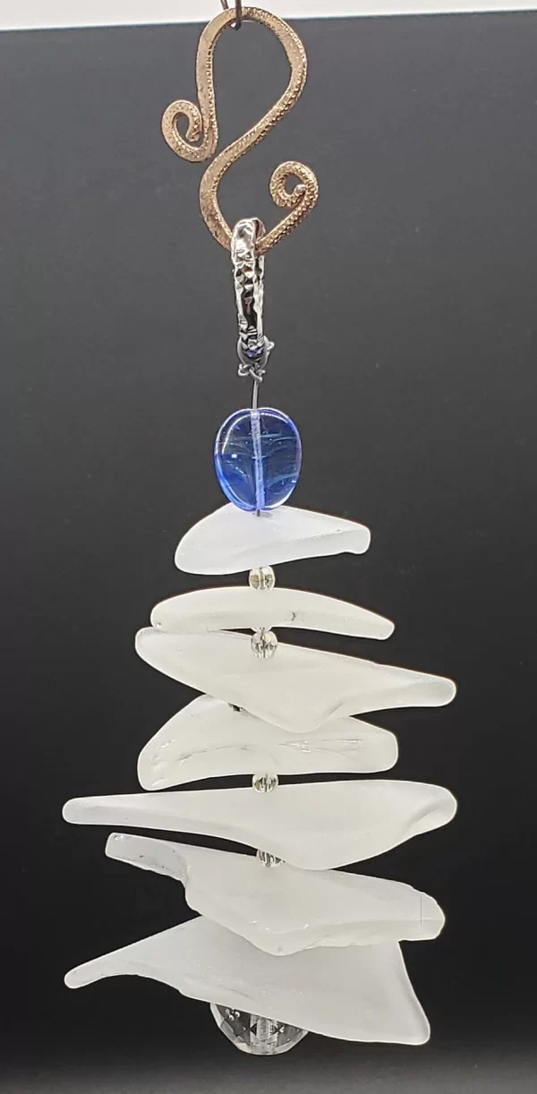 white sea glass Christmas tree ornament, upcycled, Czech glass beads, Swarovski crystals