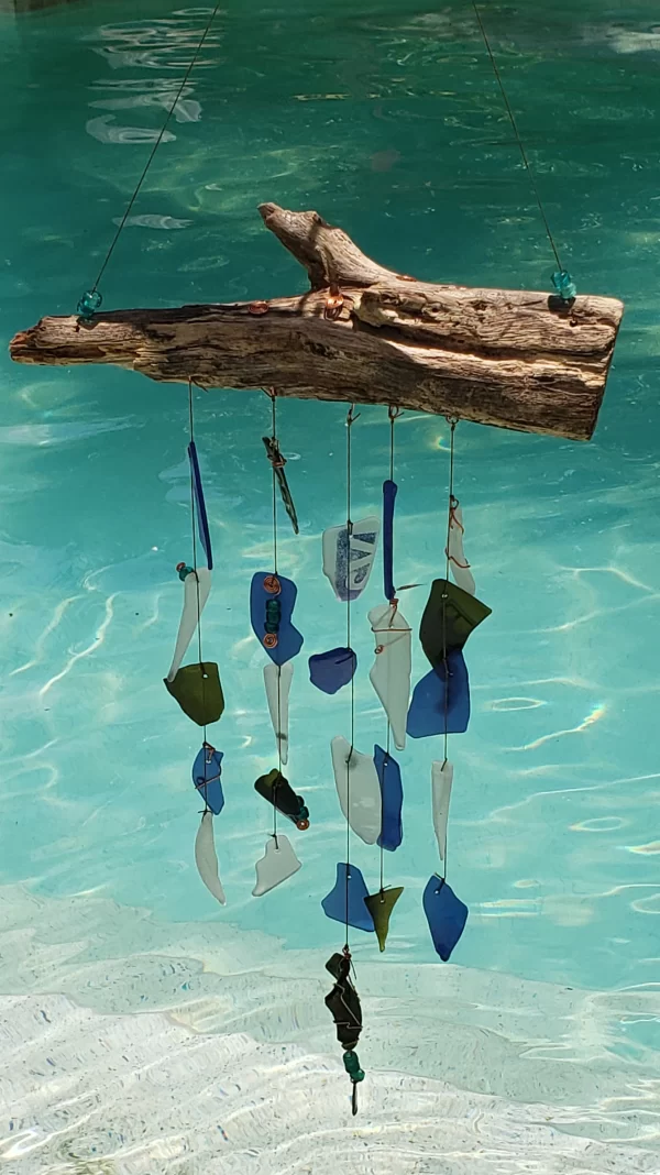 Windchime, upcycled sea glass, teal Czech glass beads, copper colored wire